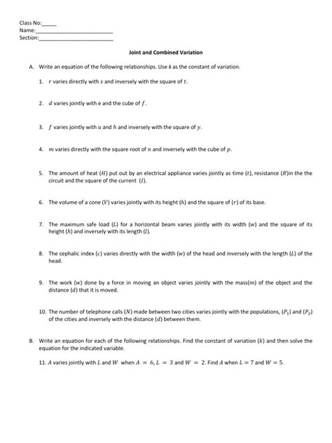 joint and combined variation word problems worksheet